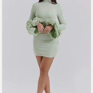 Elegant Mint Green Ruffle Sleeve Dress